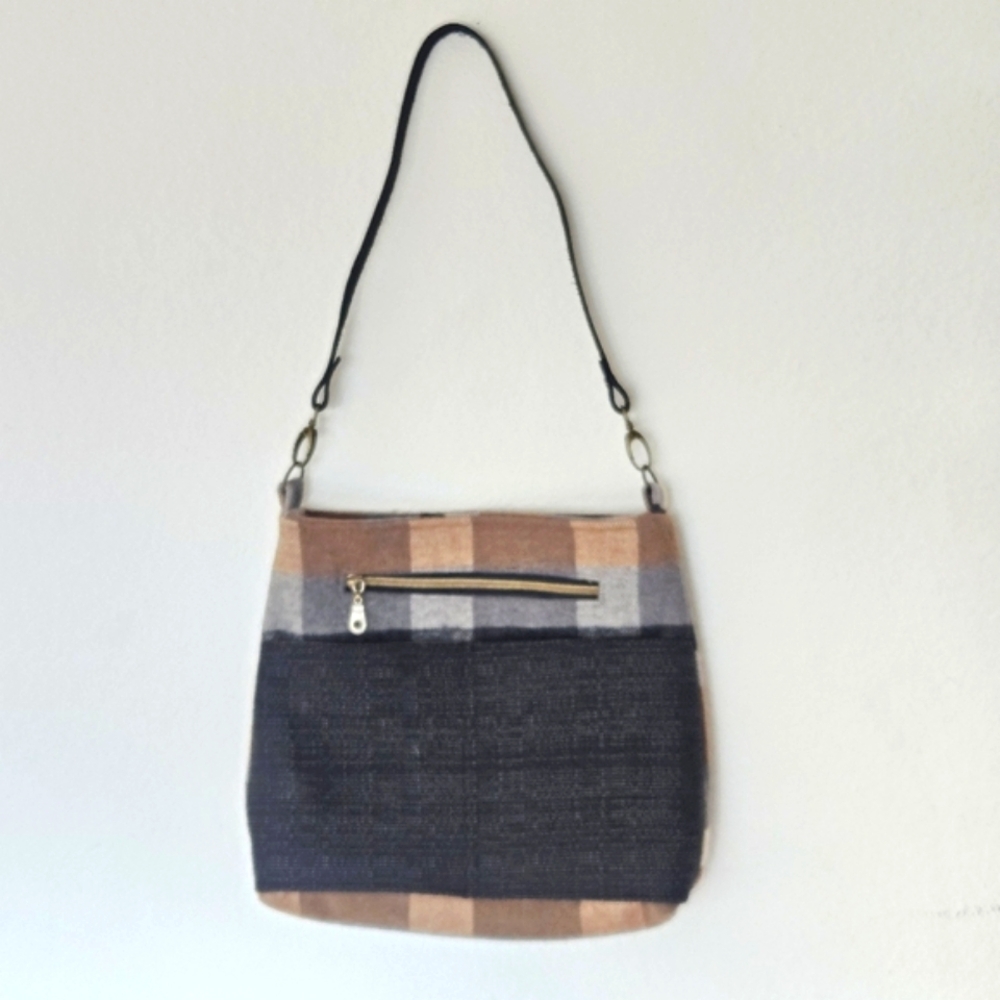 Gray Camel and Black Box Plaid Shoulder Bag Purse with Leather Strap and Pockets